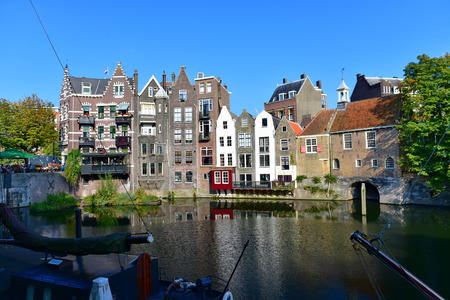 ROTTERDAM - SEPTEMBER 18: Historic houses along river Nieuwe Maas at Delfshaven, a borough of Rotterdam, taken on September 18, 2014 in Rotterdam, Netherlandsのeditorial素材
