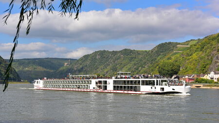 RHINE VALLEY - SEPTEMBER 23: 190-passenger Viking Tor vessel cruising leisurely along Rhine River, taken on September 23, 2014 in Rhine Valley, Germanyのeditorial素材