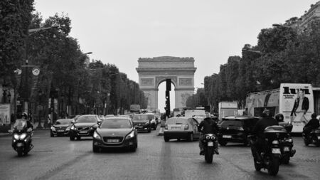 PARIS - SEPTEMBER 24: Arc de Triomphe, one of the most famous monuments, honoring those who died in the French Revolutionary & Napoleonic wars, taken on September 24, 2014 in Paris, Franceのeditorial素材