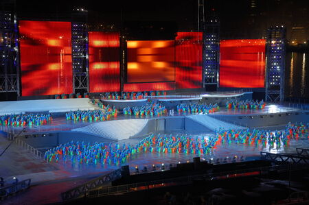 SINGAPORE - AUGUST 09: Singapore National Day Parade performances at Marina floating platform August 09, 2008 in Singaporeのeditorial素材