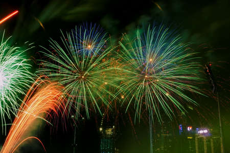 SINGAPORE - JULY 25: Fireworks display during Singapore National Day Parade 2009 combined rehearsal July 25, 2009 in Singaporeのeditorial素材