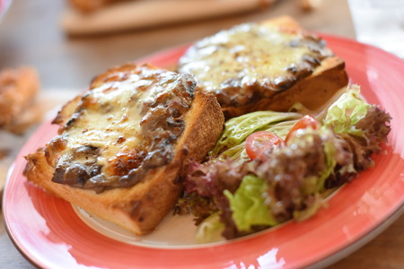 Cheese mushroom melt on toastsの写真素材