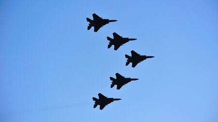 SINGAPORE - JULY 09: Fly past of F-15SG during National Day Parade Singapore 2011 Combined Rehearsal on July 09, 2011 in Singapore.のeditorial素材
