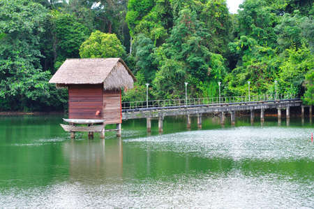 Wooden shelter at the end of a jettyの写真素材