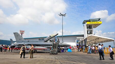 SINGAPORE - FEBRUARY 12: Republic of Singapore Air Force (RSAF) F-16D fighter jet on display at...