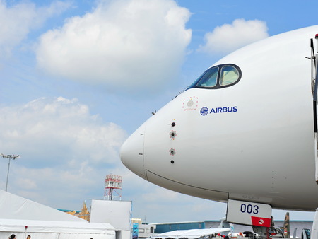SINGAPORE - FEBRUARY 12: Nose of Airbus A350-900 XWB at Singapore Airshow February 12, 2014 in Singaporeのeditorial素材