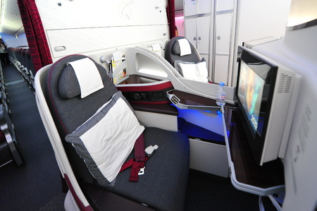 SINGAPORE - FEBRUARY 12: Luxurious business class seats onboard Qatar Airways Boeing 787-8...