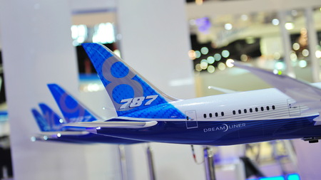 SINGAPORE - FEBRUARY 9: Tail of Boeing 787 Dreamliner models on display at Singapore Airshow February 9, 2014 in Singaporeのeditorial素材