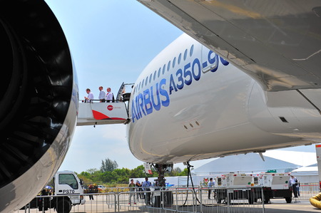 SINGAPORE - FEBRUARY 12: Port side of Airbus A350-900 XWB MSN 003 plane at Singapore Airshow...