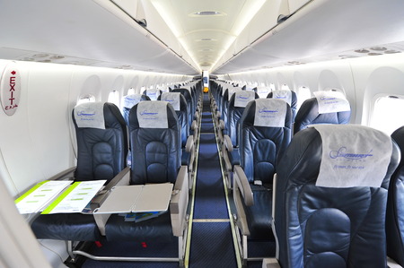 SINGAPORE - FEBRUARY 12: Interior of Bombardier Q400 nextgen turboprop plane at Singapore Airshow February 12, 2014 in Singaporeのeditorial素材