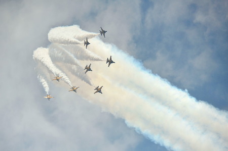 SINGAPORE - FEBRUARY 9: Aerobatic flying display by Black Eagles from the Republic of Korean Air...