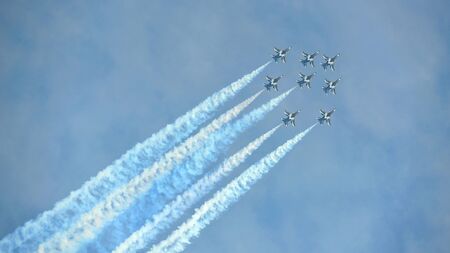 SINGAPORE - FEBRUARY 9: Aerobatic flying display by Black Eagles from the Republic of Korean Air...