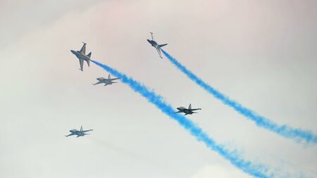 SINGAPORE - FEBRUARY 9: Aerobatic flying display by Black Eagles from the Republic of Korean Air...