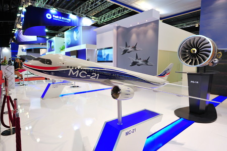 SINGAPORE - FEBRUARY 12: United Aircraft Corporation (UAC) showcasing its PD-14 turbo fan engine and...