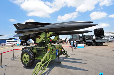 SINGAPORE - FEBRUARY 12: Republic of Singapore Air Force (RSAF) I-Hawk surface to air missile platform on disiplay at Singapore Airshow February 12, 2014 in Singaporeのeditorial素材