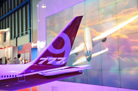SINGAPORE - FEBRUARY 12: Tail of Boeing 777-9X model at Singapore Airshow February 12, 2014 in Singaporeのeditorial素材