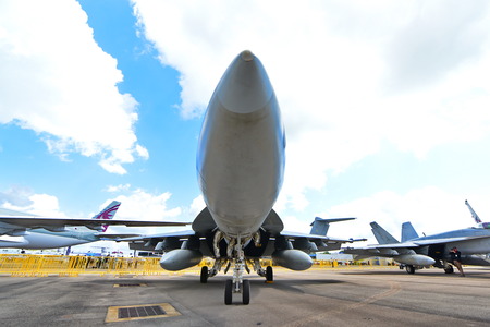 SINGAPORE - FEBRUARY 16:  US Navy Boeing F/A-18E/F Super Hornet fighter on display at Singapore...