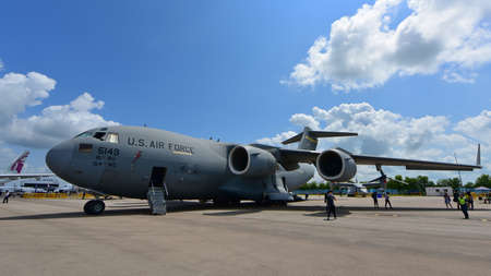 SINGAPORE - FEBRUARY 16:  USAF Boeing C-17 Globemaster III military transport aircraft on display at...