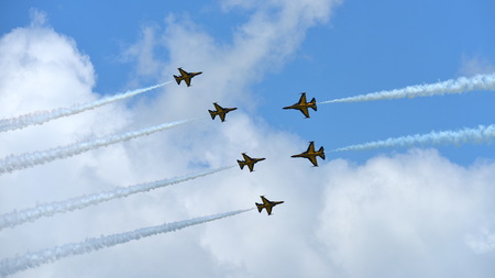 SINGAPORE - FEBRUARY 16:  RKAF Black Eagles Aerobatic Team aerobatic performance at Singapore...
