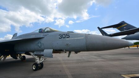 SINGAPORE - FEBRUARY 16:  US Navy Boeing F/A-18E/F Super Hornet fighter on display at Singapore...