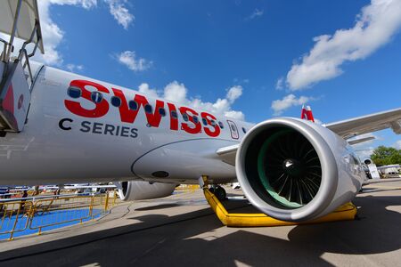 SINGAPORE - FEBRUARY 16:  Swiss International Air Lines new Bombardier CSeries passenger jet on...
