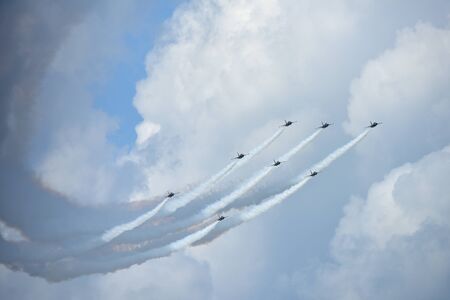 SINGAPORE - FEBRUARY 16:  RKAF Black Eagles Aerobatic Team aerobatic performance at Singapore...