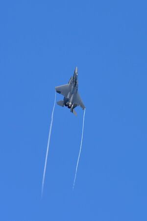 SINGAPORE - FEBRUARY 16:  RSAF F-15SG figher jet performing aerobatics at Singapore Airshow February...