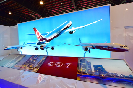SINGAPORE - FEBRUARY 16:  Models of Boeing 777x new long range aircraft on display at Singapore...