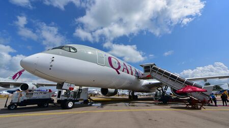 SINGAPORE - FEBRUARY 16:  Qatar Airbus A350-900 XWB on display at Singapore Airshow February 16, 2016 in Singaporeのeditorial素材