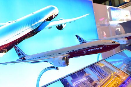 SINGAPORE - FEBRUARY 16:  Models of Boeing 777x new long range aircraft on display at Singapore Airshow February 16, 2016 in Singaporeのeditorial素材
