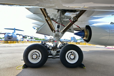 SINGAPORE - FEBRUARY 16:  Landing gear of Qatar Airbus A350-900 XWB at Singapore Airshow February...