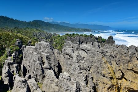 Amazing Pancake Rocks formations at Paparoa National Park in West Coast, New Zealandの写真素材