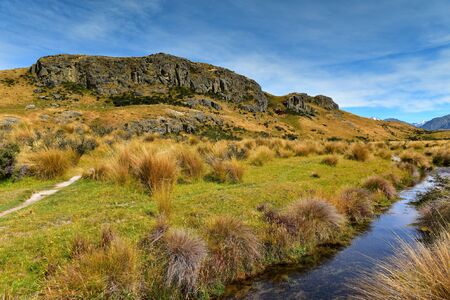 Mount Sunday, Lord of the Rings movie filming location for Edoras scene, in Canterbury, New Zealandの写真素材