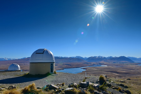 Mount John Observatory and Lake Alexandrina near Lake Tekapo in Canterbury, New Zealandの写真素材