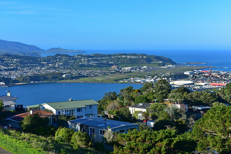 Aerial view of Wellington airport and city, capital of New Zealandの写真素材