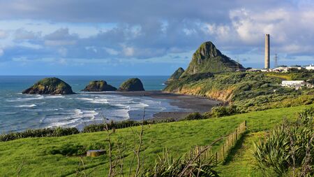 Paritutu Rock and nearby rock islands in New Plymouth, New Zealandの写真素材