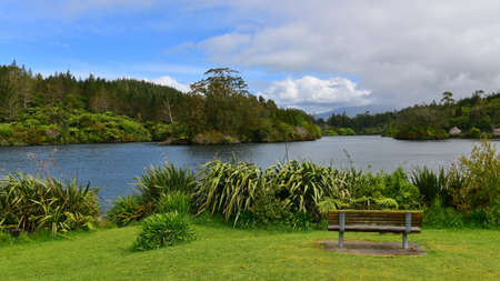 Scenic Lake Mangamahoe and its lush bank in north island, New Zealandの写真素材