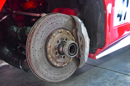 HAMPTON DOWNS, NEW ZEALAND - APRIL 18: Carbon ceramic brake disc of a Ferrari 488 Challenge car at Ferrari Challenge Asia Pacific Series race on April 15, 2018 in Hampton Downsのeditorial素材