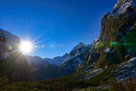 Snow mountains in Fiordland National Park, New Zealandの写真素材