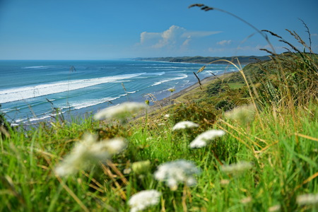 Black sand Ngarunui Beach in Raglan, New Zealand, popular for beach activities