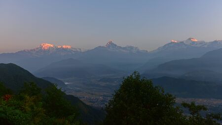 Sunrise view of Himalaya mountain ranges from Sarangkot in Nepal