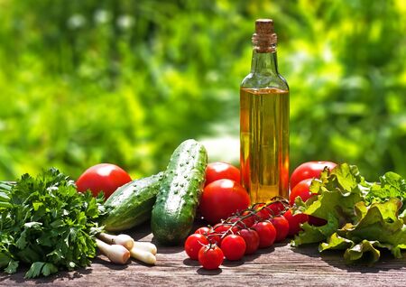  Different food ingredients on the old wooden tableの写真素材