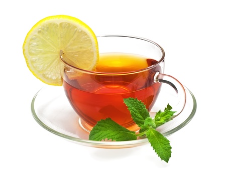 Cup tea with mint and lemon isolated on a white background. の写真素材