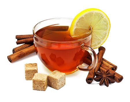 Tea with lemon and cinnamon isolated on white background 
の写真素材