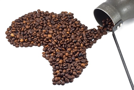 coffee beans shaped like Africa and old coffee potの写真素材