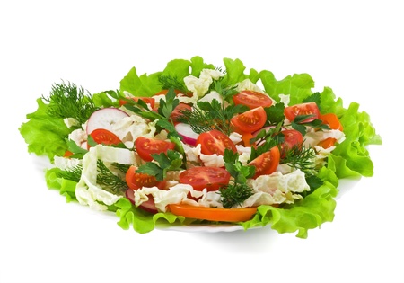 Healthy vegetable salad with lettuce, orange pepper, tomatoes and radishの写真素材
