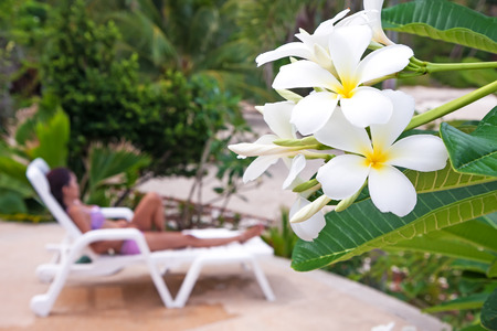 young beautiful woman relaxing in a tropical gardenの写真素材