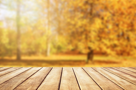 Old wooden desk top with golden leaves, autumn backgroundの写真素材