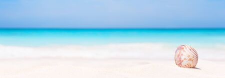 Panorama of summer beach with starfish and blue sea background. Landscape of tropical summer. Summer vacation concept.の写真素材