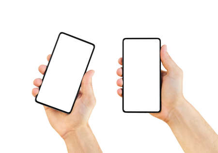 Set of man's hands holding modern smartphone isolated on white background. Close-up hand touching...